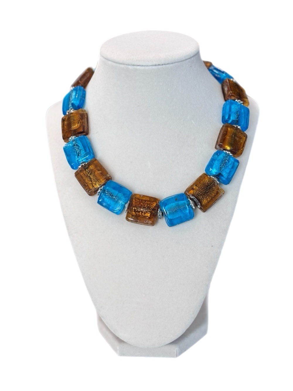 Blue and Brown Glass Square Bead Necklace